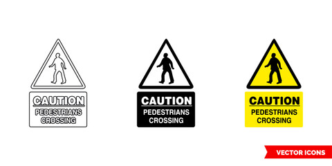 Caution pedestrians crossing warning sign icon of 3 types color, black and white, outline. Isolated vector sign symbol.