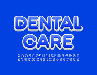 Obraz premium Vector health sign Dental Care. Blue and White Alphabet Letters and Numbers. Modern trendy Font