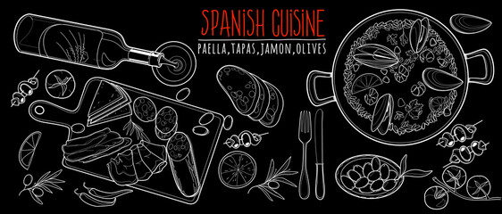 Black board hand drawn vector sketch illustrations of Spanish food, Spanish cuisine. Tapas, Paella, Hamon, Olives.	