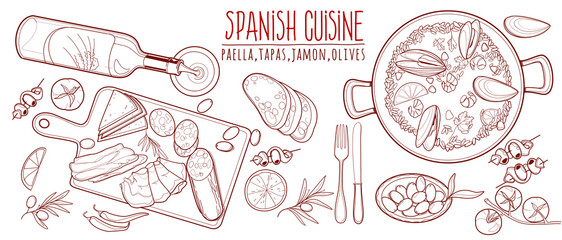 Hand drawn vector sketch illustrations of Spanish food, Spanish cuisine. Tapas, Paella, Hamon, Olives.	