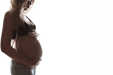 Fascinating photo of a pregnant woman on white background.