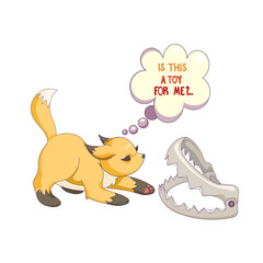 Cartoon Fox cub wants to play with a dangerous fox-trap on white isolated background, isolated Fox and steel trap, copy space, text Is This a Toy For Me, concept of Stop Poaching, Animal Protection.