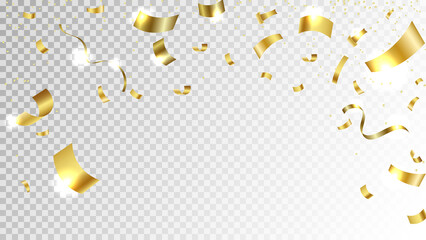 Falling shiny golden confetti. Golden confetti isolated on checkered background