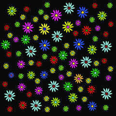 Fototapeta na wymiar Colorful and bright hand drawn simple flowers on black background. Chamomile exotic style. Pink, green, red, blue and purple hues. Floral tile great as template, backdrop, banner, wrapping or fashion.
