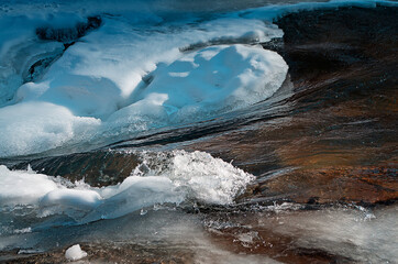 Mountain clear melt water in the river during the winter thaw or spring warming.