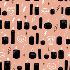 Seamless vector pattern with black candles, skulls, lightning and stars. Stylish magic illustration on pink background