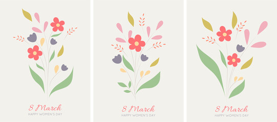 Set of vector greeting cards for 8 March international womens day with hand drown flowers. Vector illustration