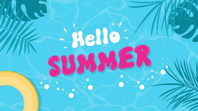  hello summer text season transition cartoon pool beach water ocean tropical scenery animation background