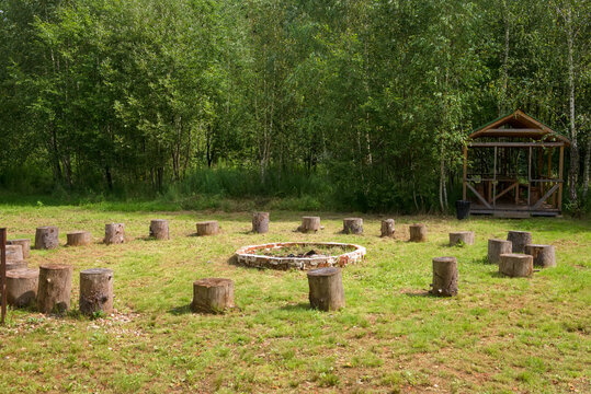 Outdoor meeting place with hearth and seating stumps