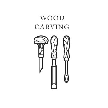 Wood carving tools icon, logo with chisels, timber engraving emblem, vector