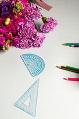 Back to school flower bouquet and pencils and protractor