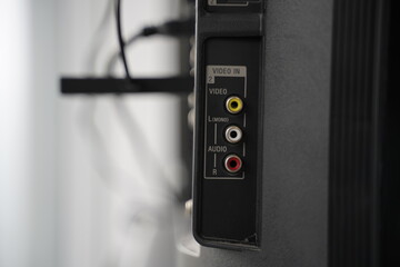 Close up profile view of the side of a tv with cable inputs plugs