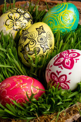 Many colored eggs with ornaments  on green grass