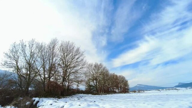 Winter landscape with trees and snow covered land and sky with clouds in a time lapse view. Navarre, Spain, Europe.
