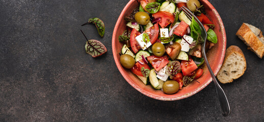 Traditional Greek salad with feta cheese. Bright and juicy vegetable healthy snack