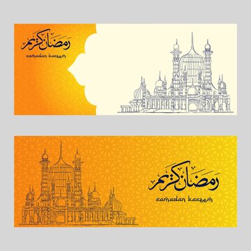 Arabic calligraphy of Ramadan Kareem and sketching mosque. Arabic text translation: Bless  Ramadhan fasting month. Greeting card, poster, art, banner, brochure, pamphlet, islamic art