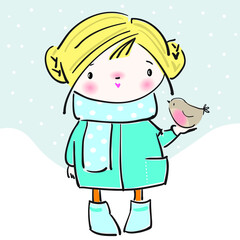 Little girl with a bird on her hand in winter
