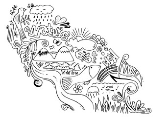 Creative art doodles hand drawn Design illustration with text Nature and wow.
