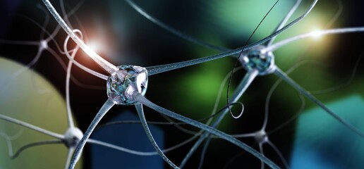 Neural network of the brain, neuron close-up, active neuron, 3d rendering