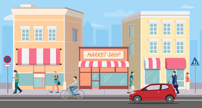 Flat Building Shopping Street Market with people.Vector illustration.Cityscape and man walking.Shop facade on road with car.Modern store buildings and person activities.Business street concept
