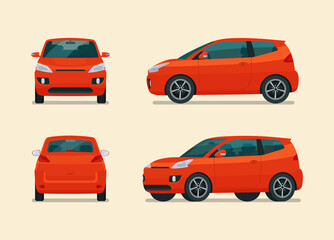 Compact city car four angle set. Car side, back and front view. Vector flat illustration. © lyudinka