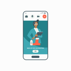 A Vector illustration of the online application for covid-19 vaccination. Time to vaccinate illustration perfect for web design, banner, mobile app.  Female doctor invites you to get your flu shot vac