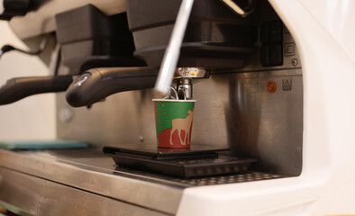 Barista making hot drink in coffee shop, cappuccino.