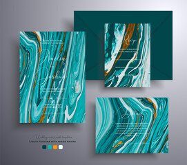 Modern collection of wedding invitations with stone pattern. Mineral vector cards with marble effect and swirling paints, turquoise, white and orange colors. Designed for posters, brochures and etc