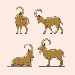 Ibex icon set. Different type of animal. Vector illustration for emblem, badge, insignia.
