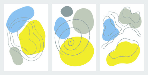 A set of abstractions of spots of different shapes and dotted lines made in pantone colors yellow gray and blue