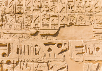 Fototapeta na wymiar Egyptian hieroglyphs carved in stone. The Karnak Temple Complex, a vast mix of decayed temples, chapels, pylons, and other buildings in Luxor, Egypt