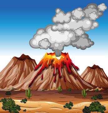 Volcano eruption in nature scene at daytime