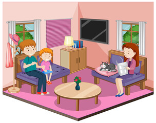 Happy family in the living room with furnitures in pink theme