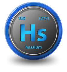 Hassium chemical element. Chemical symbol with atomic number and atomic mass.