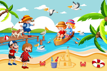 Obraz na płótnie Canvas Children row the boat in the beach scene