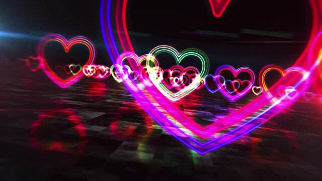Heart love symbol, health, cyber tech romance, ai and cardio concept light digital concept. Flight between signs. Futuristic space abstract 3d rendering animation.
