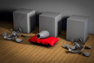 Vaze falls on a red pillow demonstrating competitive advantage corporate concept. 3D illustration