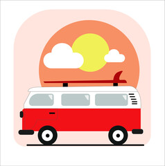 Vector theme of Caravan Road trip, Adventure, Trailering, Camping, outdoor recreation, adventures in nature, vacation. Colorful bus.