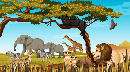 Gruppe wilder afrikanischer Tiere in der Waldszene © blueringmedia