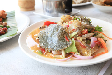 Spicy salad vegatable and blue crab, spicy food and favorite food in Thailand