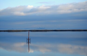 Obraz premium a pole in a calm lake with amsterdam in the mist in the netherlands
