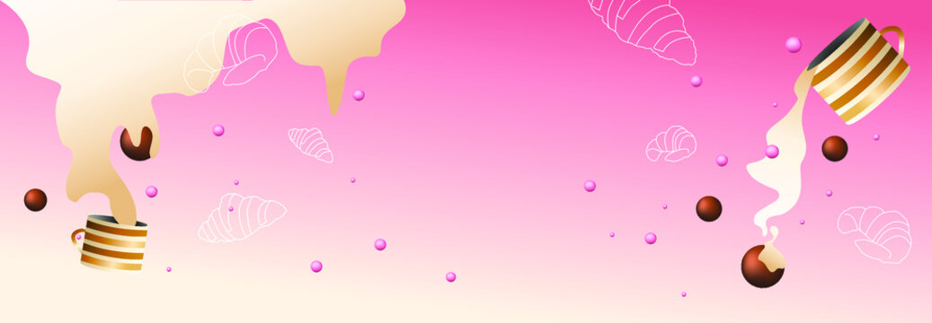 Large Gradient Pink Banner. Croissants With Hot Chocolate Balls