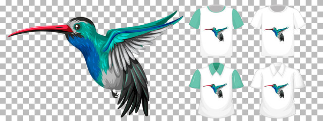 Hummingbirds cartoon character with many types of shirts on transparent background