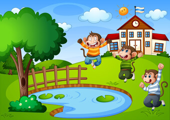 Three little monkeys in nature scene with school building