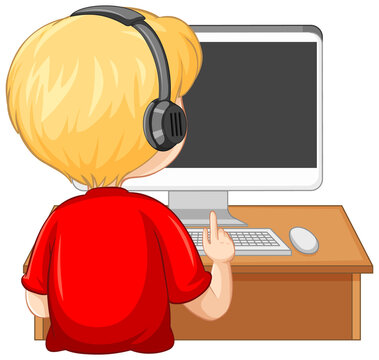 Back view of a boy with computer on the table on white background