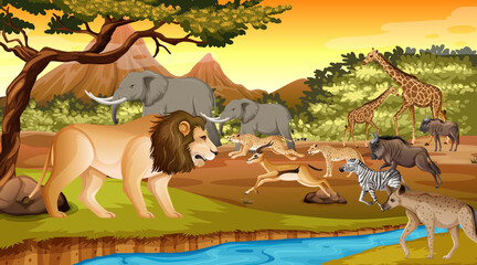 Gruppe wilder afrikanischer Tiere in der Waldszene © blueringmedia