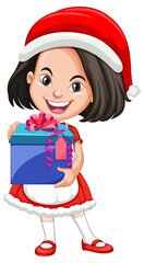 Cute girl in christmas costume holding gift box cartoon character