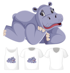 Set of different shirts with hippopotamus cartoon character isolated on white background