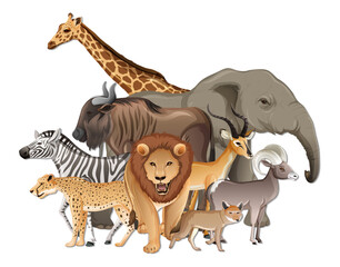 Group of wild African animals on white background