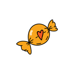 Round candy in a wrapper with a heart. Sweetness as a gift. Valentine's day concept. Linear doodle style. Vector on isolated white background. For printing on cards, invitations, tattoo, clothing